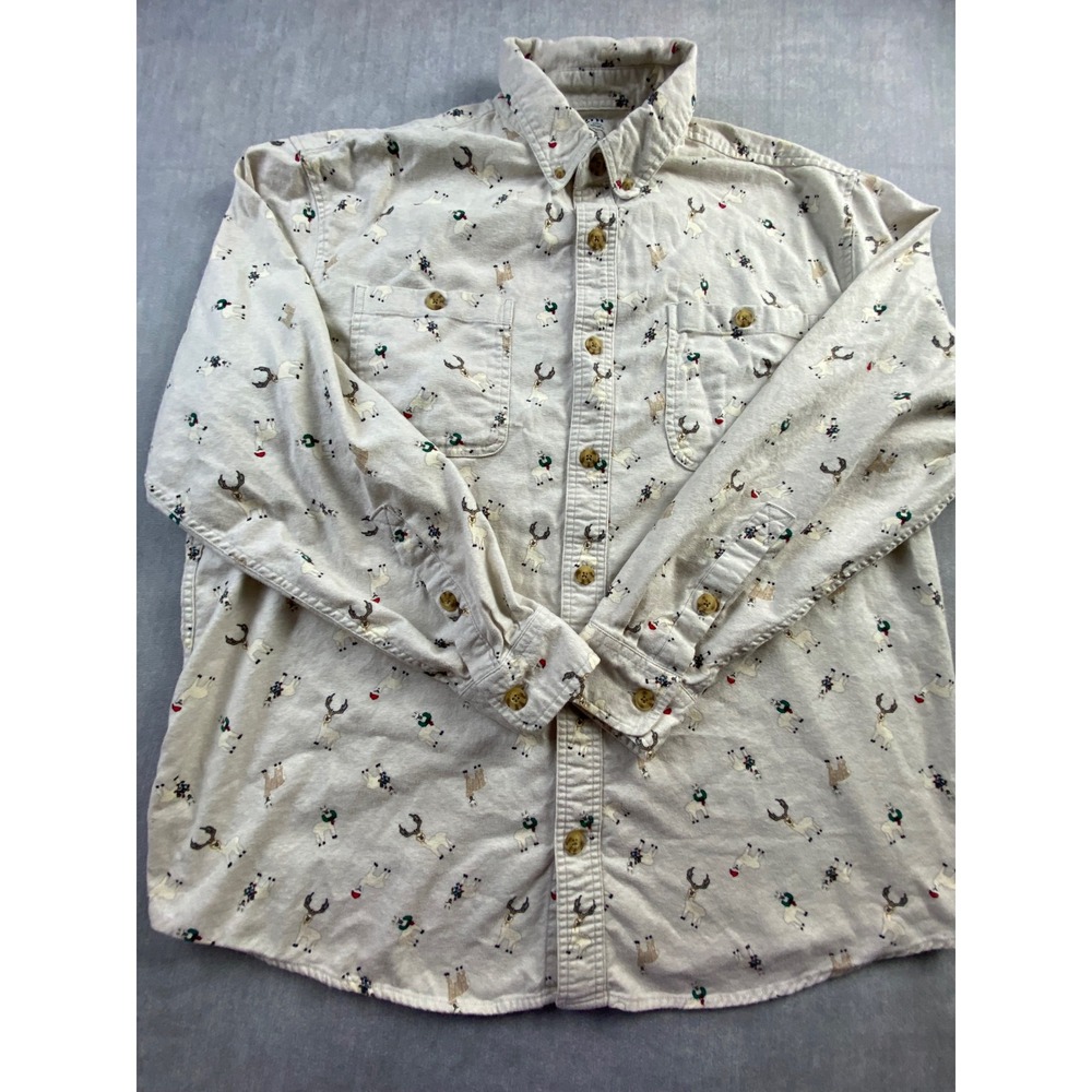Duluth Trading Co Mens XL Relaxed Cotton Flannel Reindeer Holiday Shirt‎ Cream